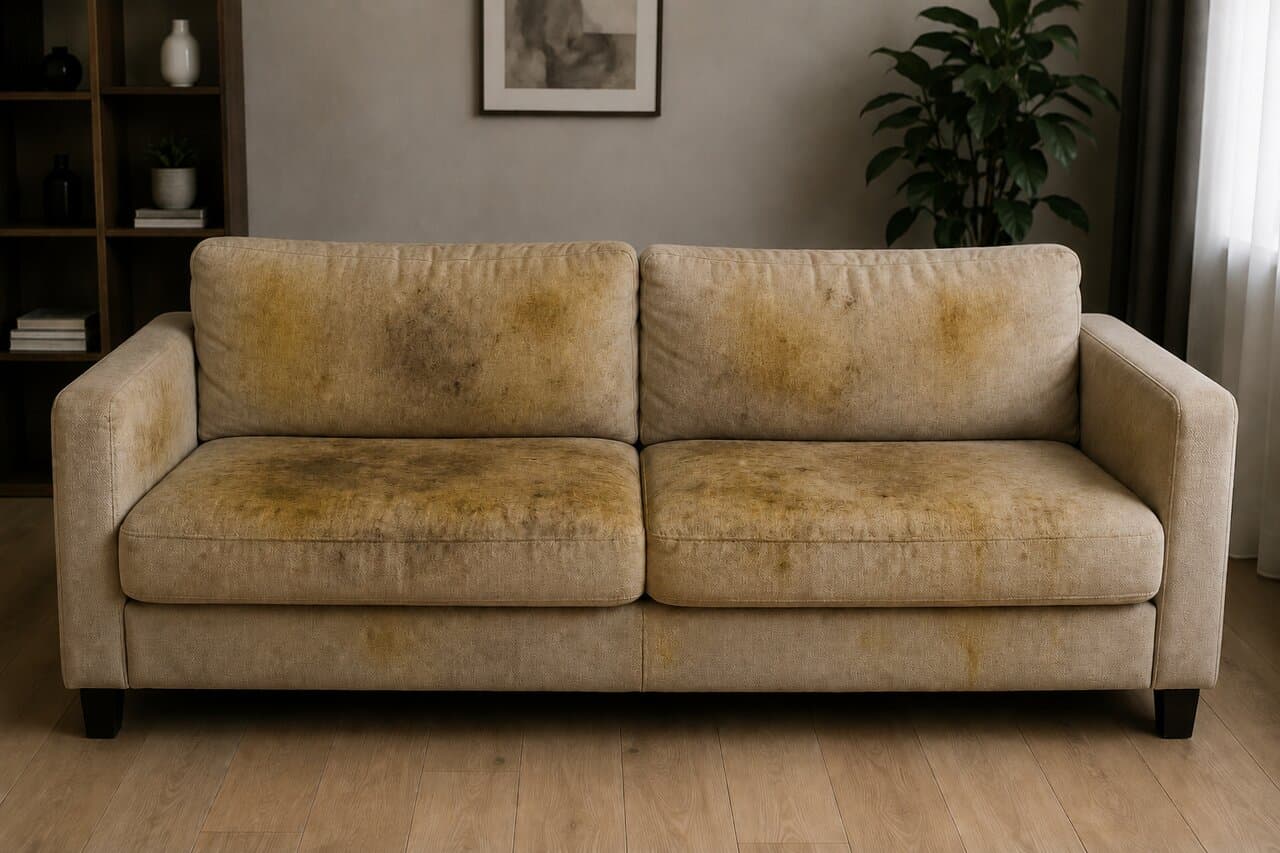 Sofa vor der Reinigung – mit Flecken und Gebrauchsspuren