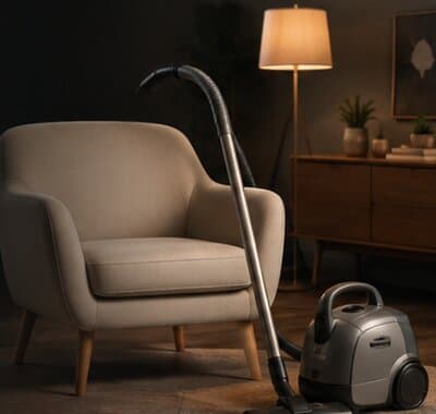 Sessel und Reinigungsgerät im Wohnzimmer